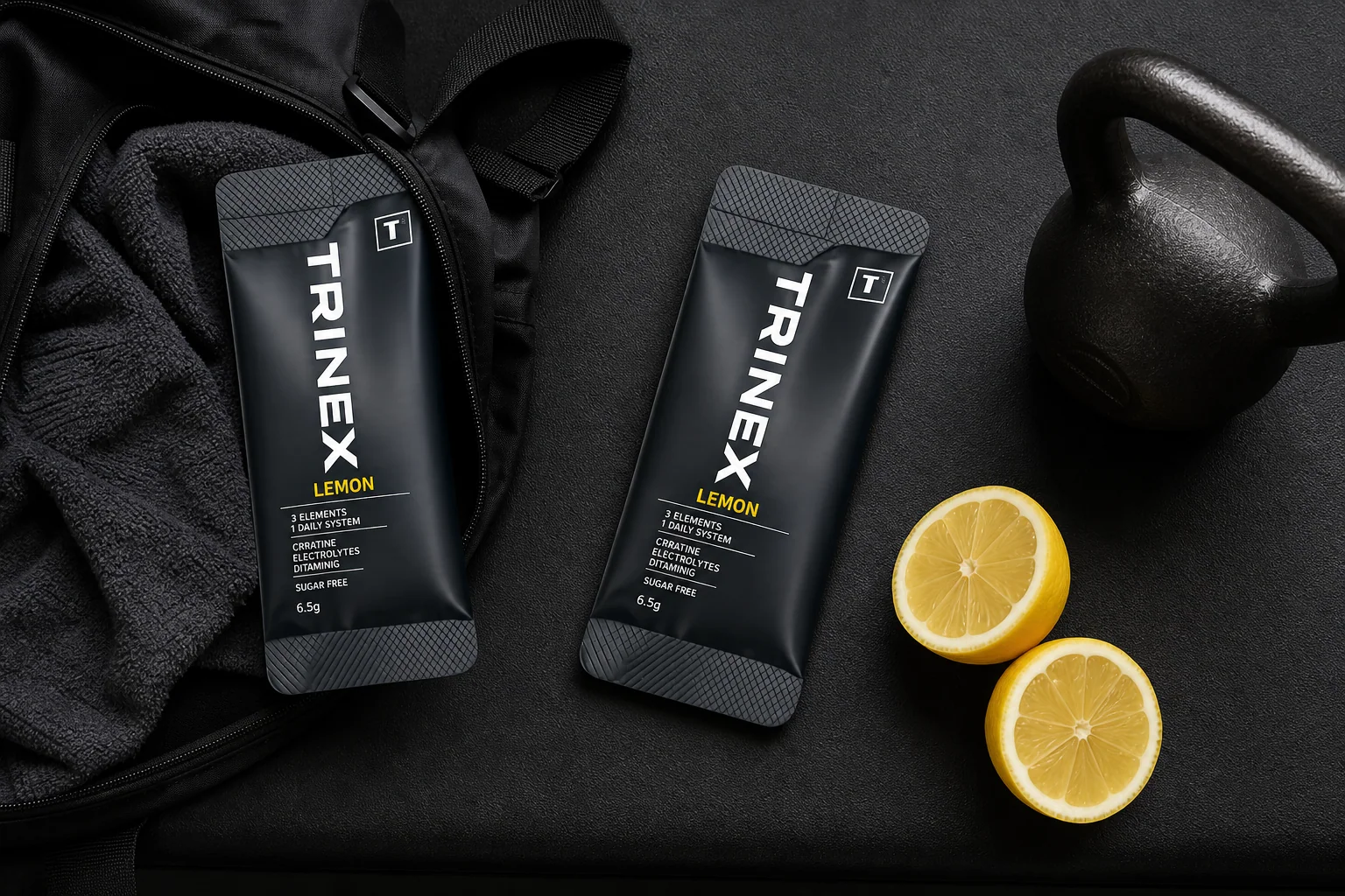 TRINEX sachets with gym bag, towel, kettlebell and lemons