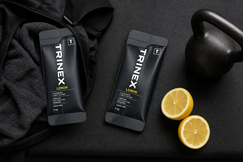 TRINEX Lemon sachets with a gym bag, towel, kettlebell and lemons