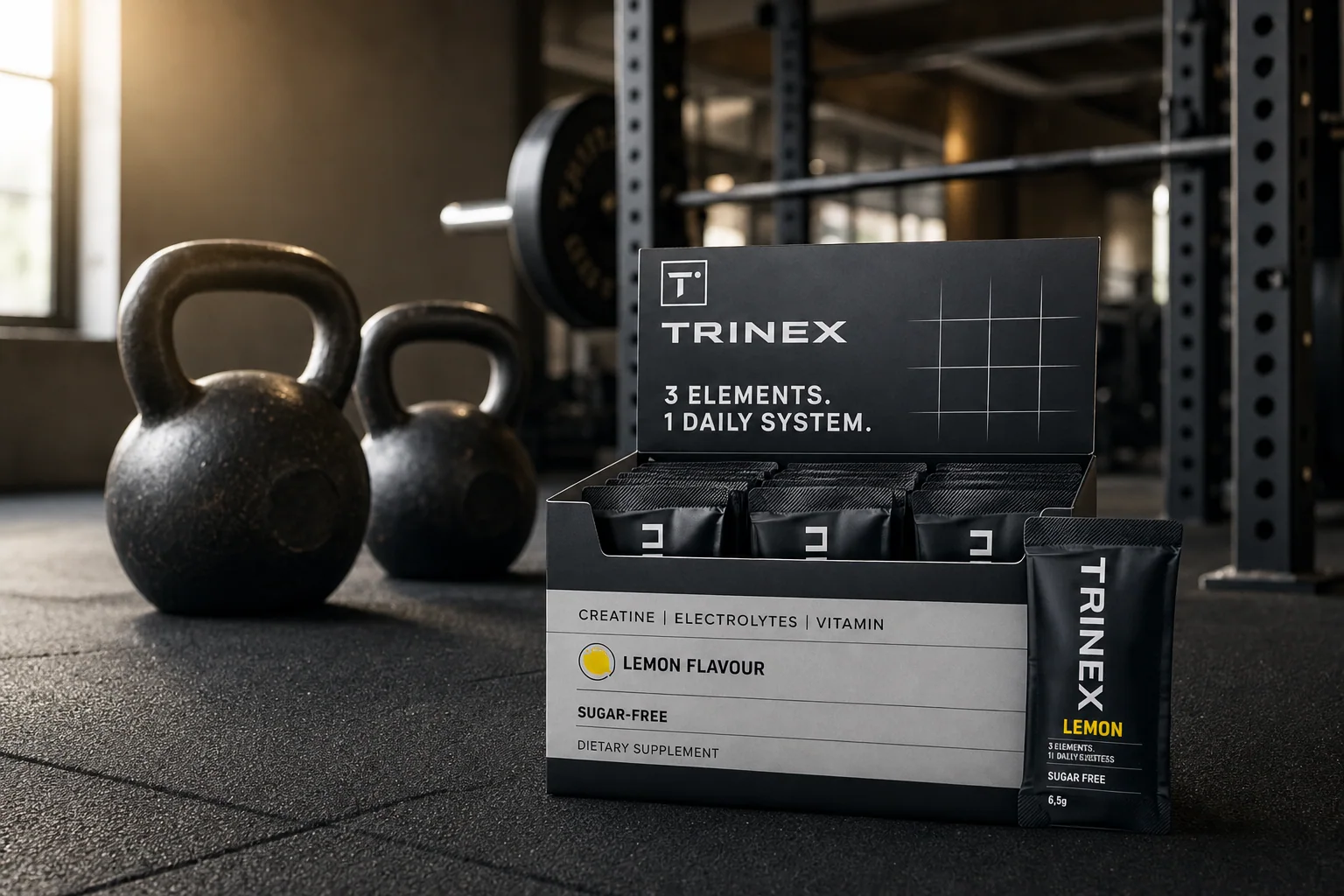TRINEX Lemon with kettlebells on a gym floor