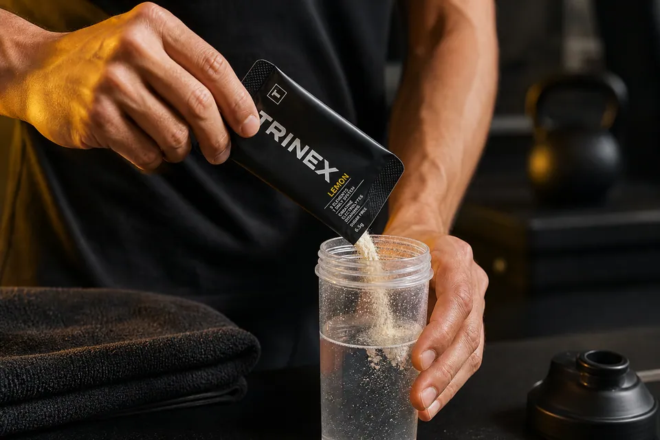 TRINEX Lemon sachet being mixed into cold water