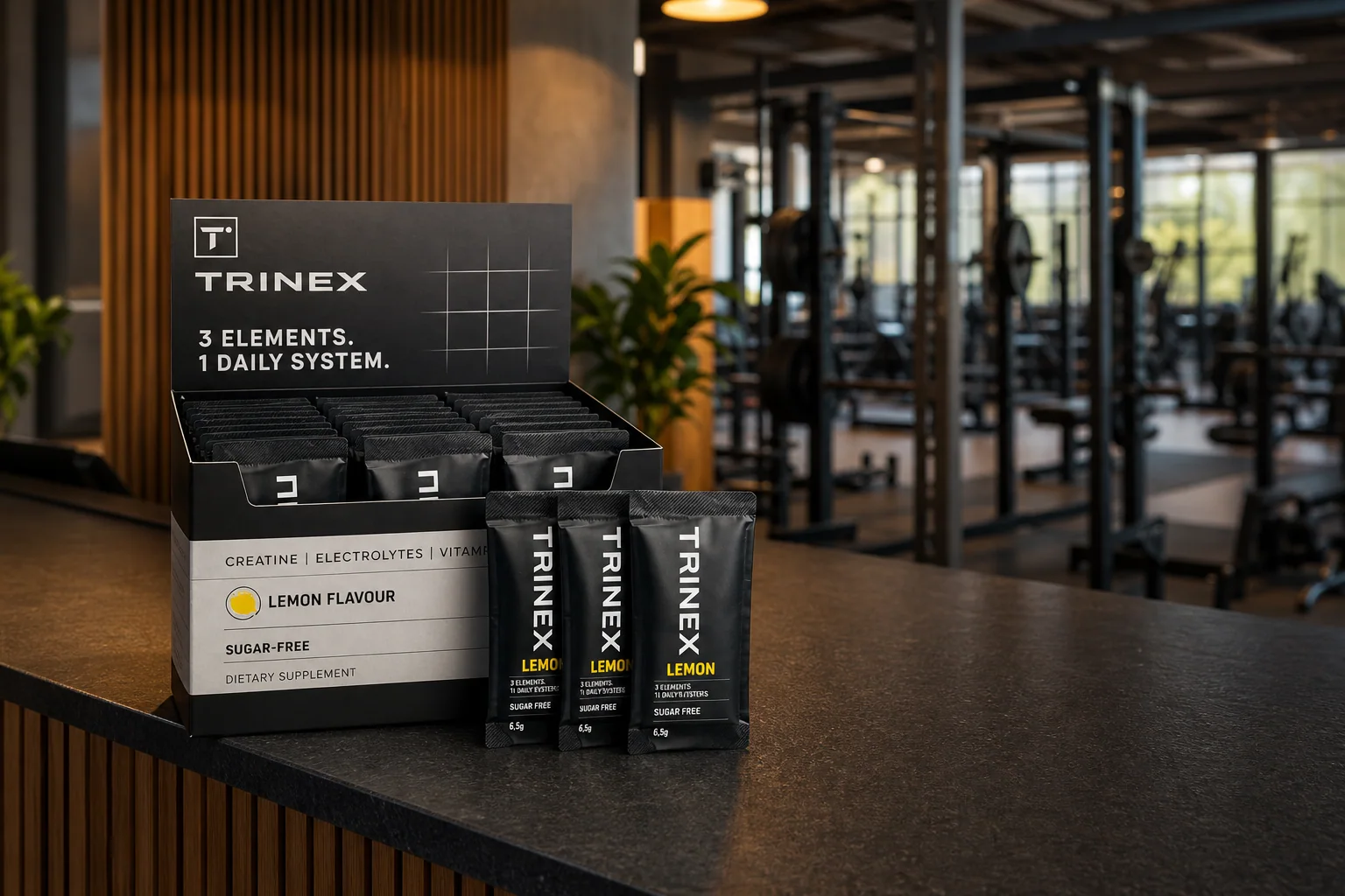 TRINEX Lemon display box on a gym reception counter